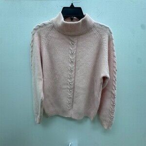 Hastings & Smith Sweater Womens M Pink Cable Knit Pearl Turtleneck